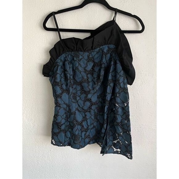 Venus 
Blue & Black Lace One Sleeve Dressy Ruffled Blouse, Size 6 - Picture 2 of 9